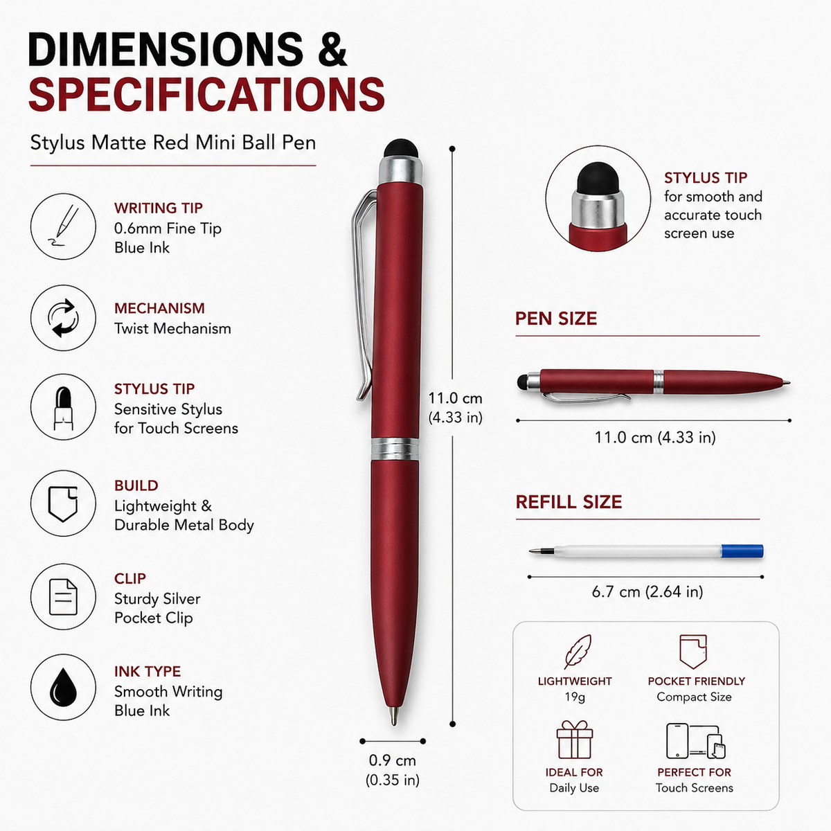 Ballpen Bazaar Ballpen Bazaar Stylus Matt Red Mini Ball Pen with Glossy Silver Clip Twist Mechanism Blue Ink 1 Pen with Extra Refill with Name Engraving