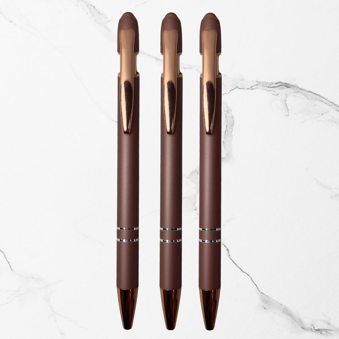 Ballpen Bazaar Ballpen Bazaar Stylus Matt Rose Gold Ball Pen Set of 3 with 3 Extra Blue Refills | Copper Clip | Click Mechanism | Premium Metal Pen with Name Engraving