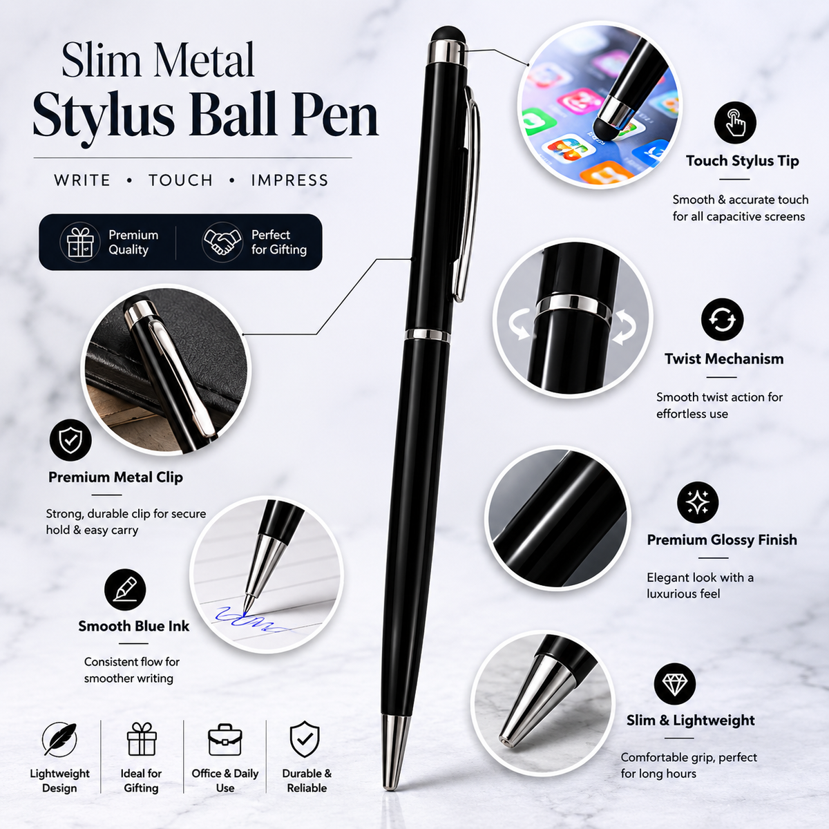 Ballpen Bazaar Ballpen Bazaar Stylus Metallic Glossy Black Ball Pen with Silver Clip Twist Mechanism Blue Ink | 1 Pen + 1 Extra Refill with Name Engraving