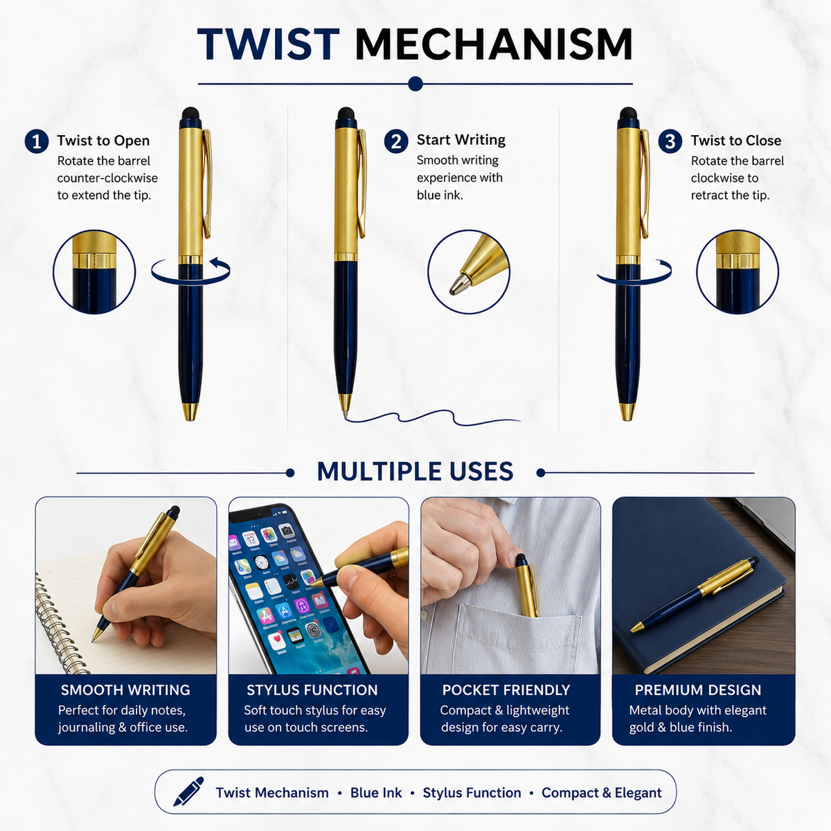 Ballpen Bazaar Ballpen Bazaar Stylus Metallic Glossy Gold & Blue Dual Colour Body with Gold Clip Twist Mechanism Mini Ball Pen with Extra Blue Refill with Name Engraving