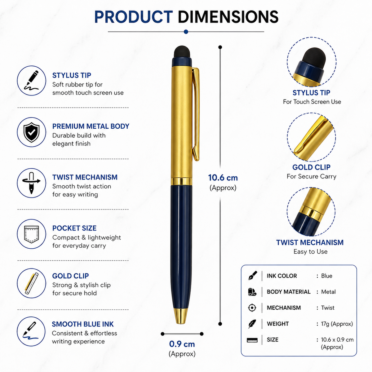 Ballpen Bazaar Ballpen Bazaar Stylus Metallic Glossy Gold & Blue Dual Colour Body with Gold Clip Twist Mechanism Mini Ball Pen with Extra Blue Refill with Name Engraving