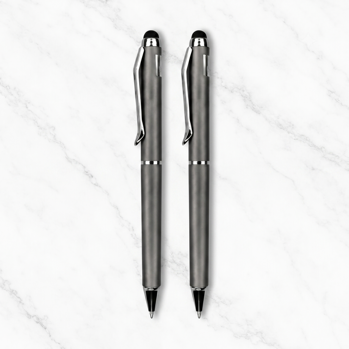 Ballpen Bazaar Ballpen Bazaar Stylus Metallic Glossy Gunmetal Ball Pen Set of 2 with Silver Clip Twist Mechanism Blue Ink + 2 Extra Refills with Name Engraving