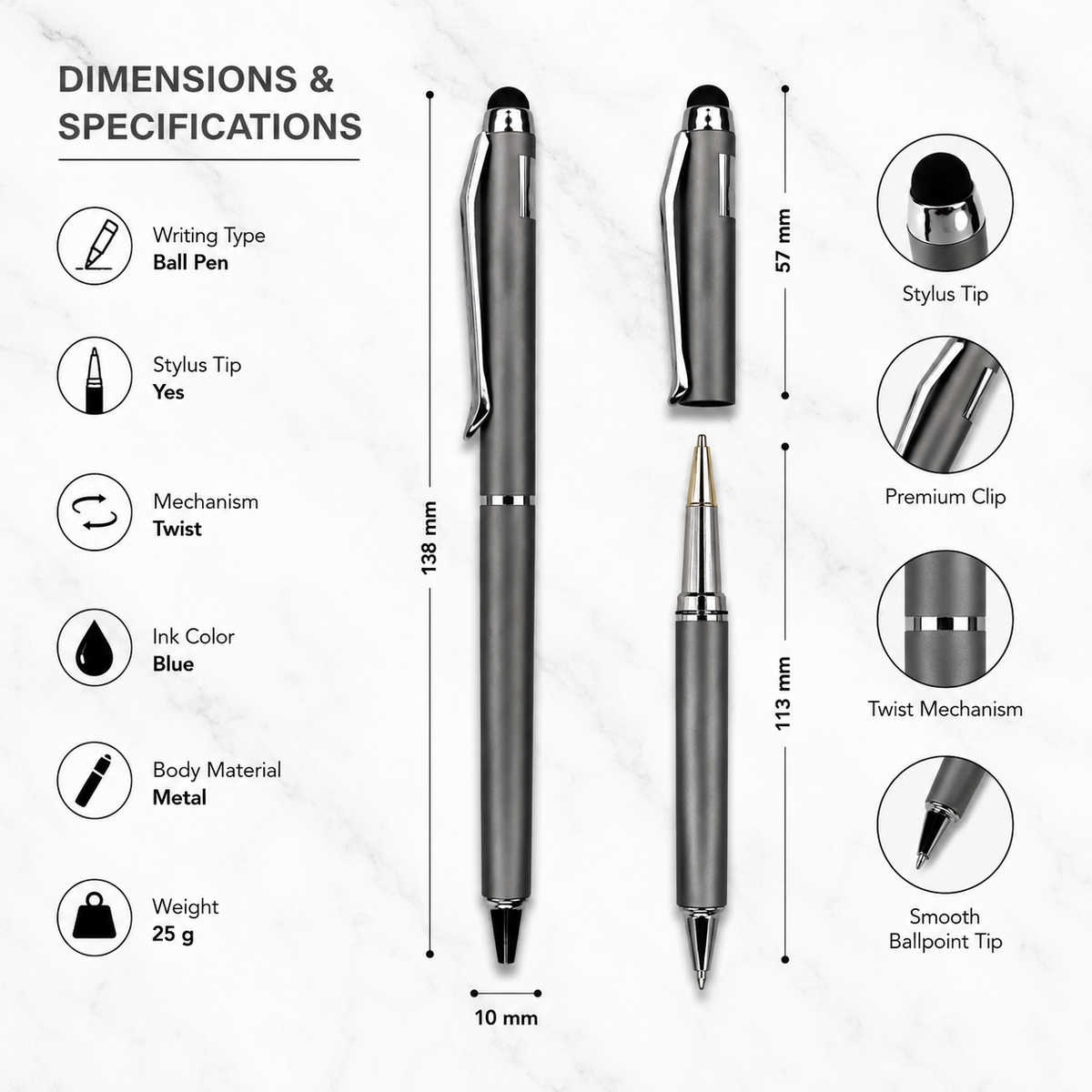 Ballpen Bazaar Ballpen Bazaar Stylus Metallic Glossy Gunmetal Ball Pen Set of 2 with Silver Clip Twist Mechanism Blue Ink + 2 Extra Refills with Name Engraving