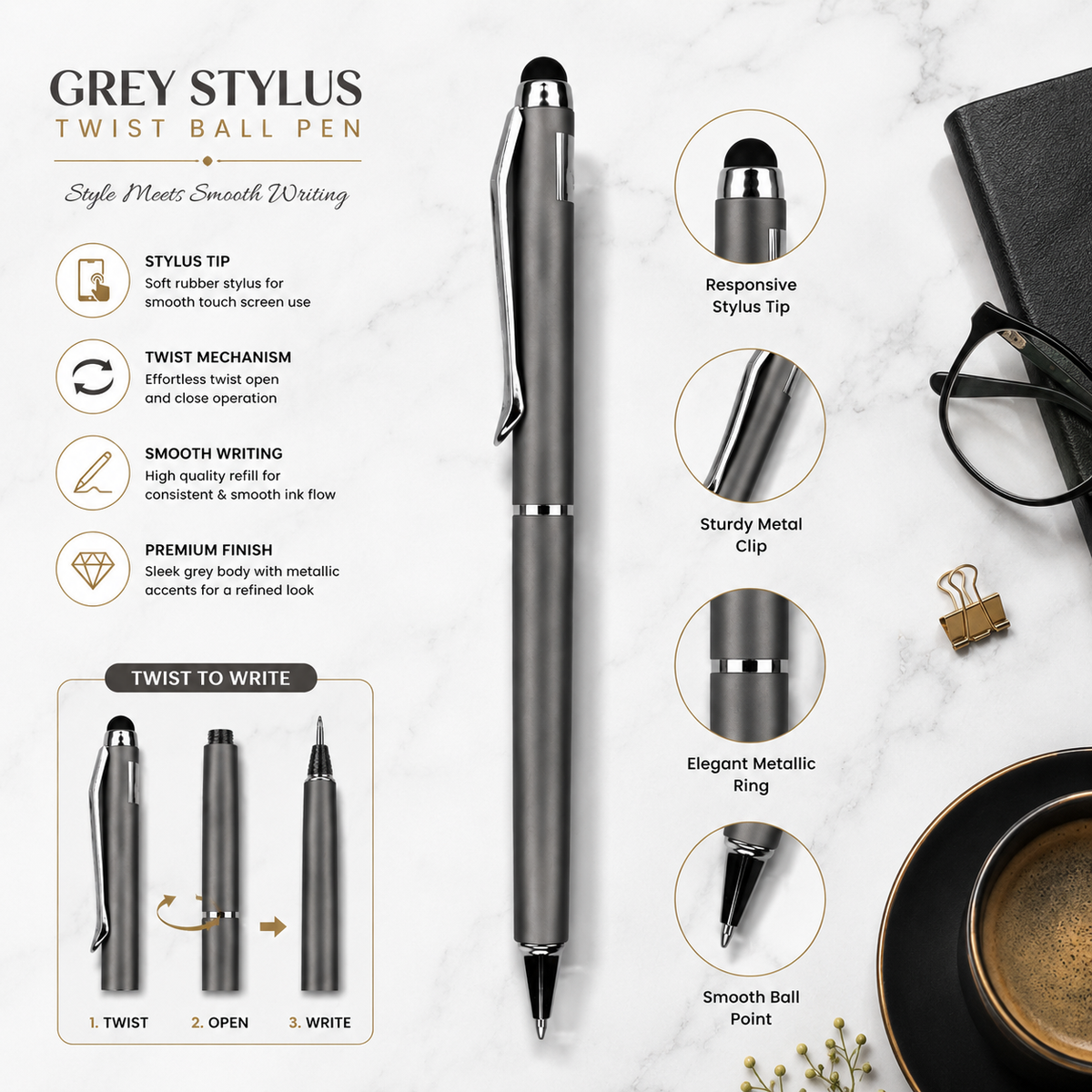 Ballpen Bazaar Ballpen Bazaar Stylus Metallic Glossy Gunmetal Ball Pen Set of 2 with Silver Clip Twist Mechanism Blue Ink + 2 Extra Refills with Name Engraving