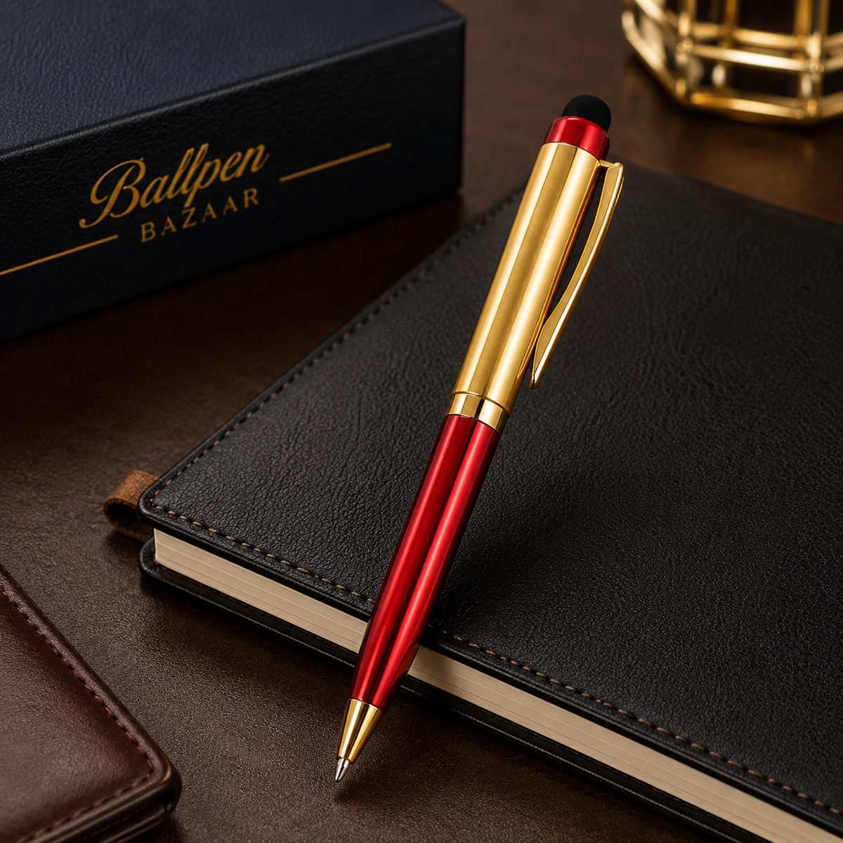 Ballpen Bazaar Ballpen Bazaar Stylus Metallic Glossy Red & Gold Dual Colour Mini Ball Pen with Gold Clip | Twist Mechanism | Blue Ink | 1 Pen + 1 Extra Refill with Name Engraving