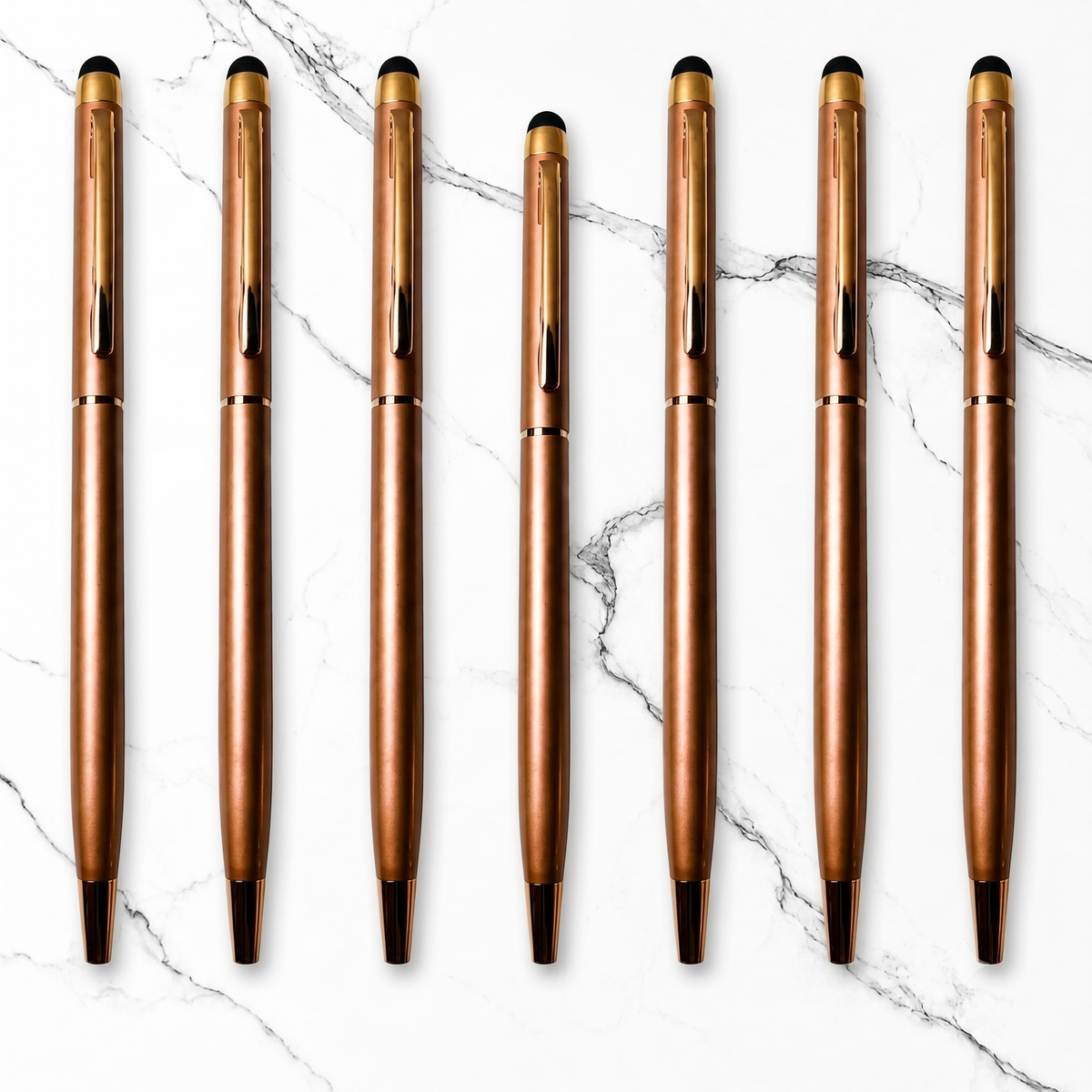 Ballpen Bazaar Ballpen Bazaar Stylus Metallic Glossy Rose Gold Ball Pen Set of 7 with Copper Clip Twist Mechanism Blue Ink + 7 Extra Refills with Name Engraving