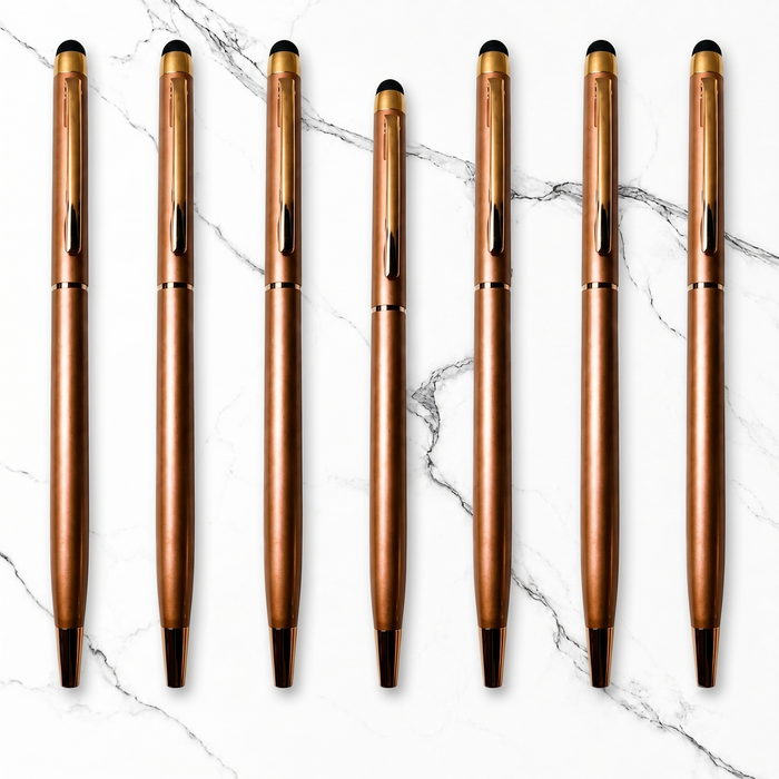 Ballpen Bazaar Ballpen Bazaar Stylus Metallic Glossy Rose Gold Ball Pen Set of 7 with Copper Clip Twist Mechanism Blue Ink + 7 Extra Refills with Name Engraving