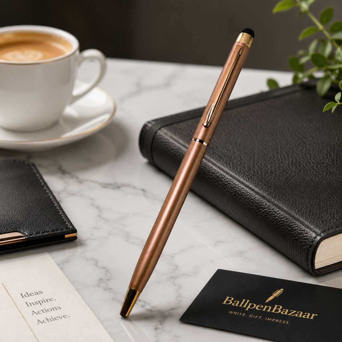 Ballpen Bazaar Ballpen Bazaar Stylus Metallic Glossy Rose Gold Ball Pen with Copper Clip Twist Mechanism Blue Ink | 3 Pens + 3 Extra Refills with Name Engraving