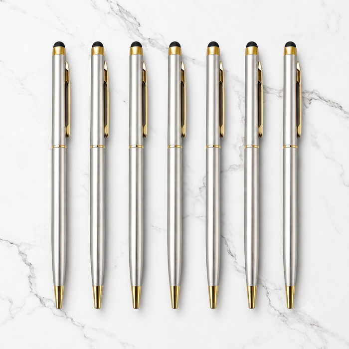 Ballpen Bazaar Ballpen Bazaar Stylus Metallic Glossy Silver Ball Pen Set of 7 | Gold Clip Twist Mechanism | Smooth Blue Ink Writing Pen | Premium Metal Stylus Pen for Office School Business Gift with Name Engraving