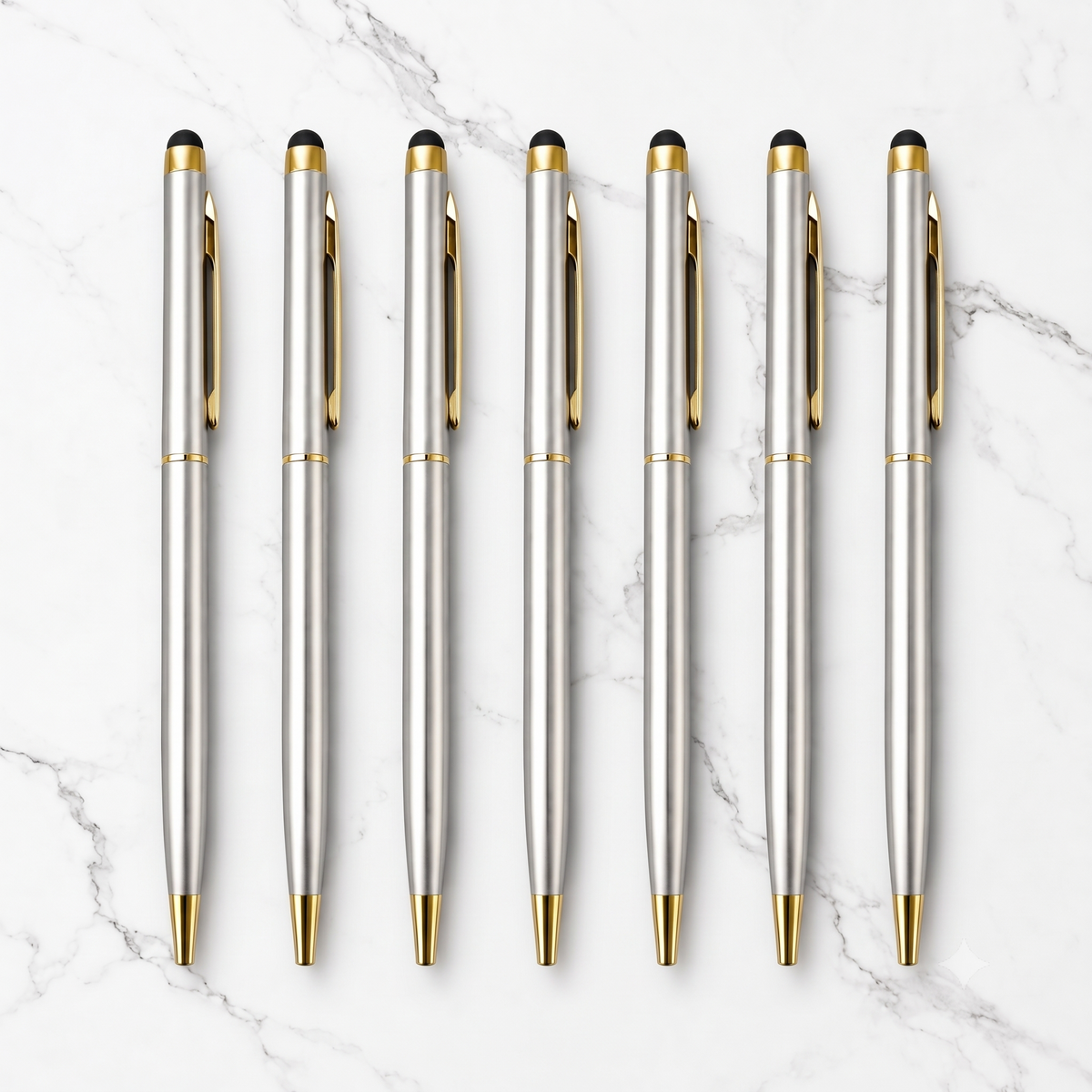 Ballpen Bazaar Ballpen Bazaar Stylus Metallic Glossy Silver Ball Pen Set of 7 | Gold Clip Twist Mechanism | Smooth Blue Ink Writing Pen | Premium Metal Stylus Pen for Office School Business Gift with Name Engraving