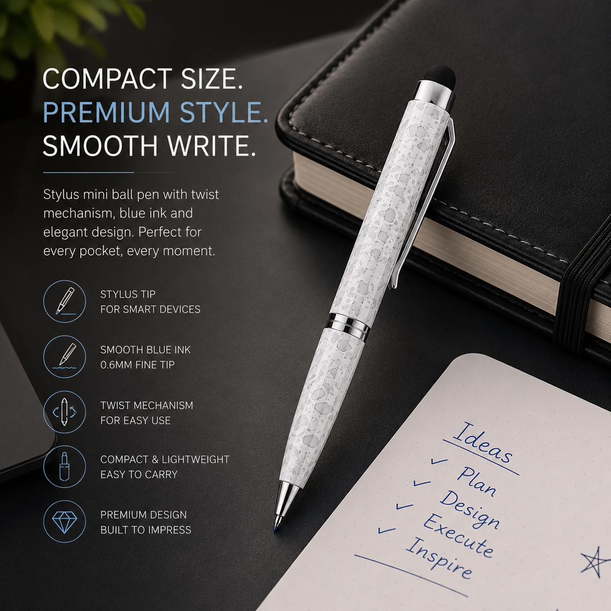 Glossy White Mini Stylus Twist Ball Pen with Silver Clip – Blue Ink product view 3