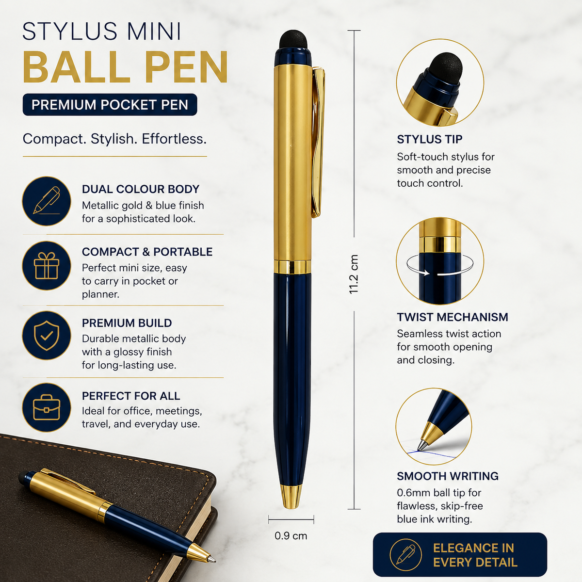 Ballpen Bazaar Ballpen Bazaar Stylus Set of 2 Mini Metal Ball Pens – Metallic Glossy Gold & Red and Gold & Blue Dual Colour Body with Gold Clip, Twist Mechanism, Blue Ink, 2 Free Mini VT Refills with Name Engraving