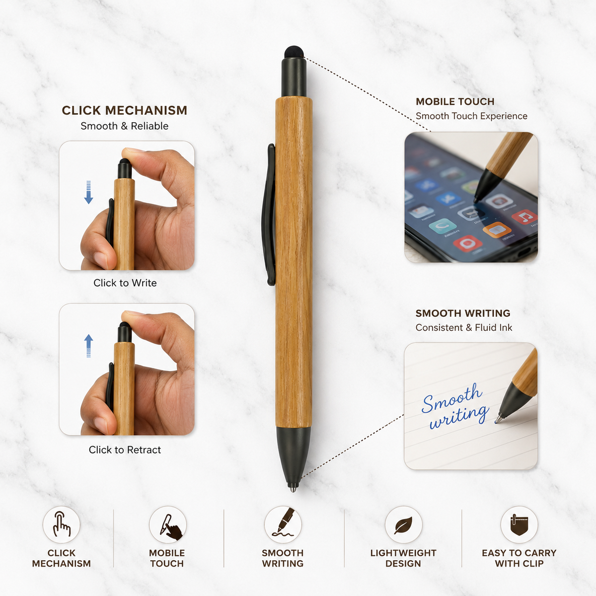 Ballpen Bazaar Ballpen Bazaar Stylus Wooden Colour Body Ball Pen with Gray Clip Click Mechanism Blue Ink | 1 Pen + 1 Extra Refill with Name Engraving
