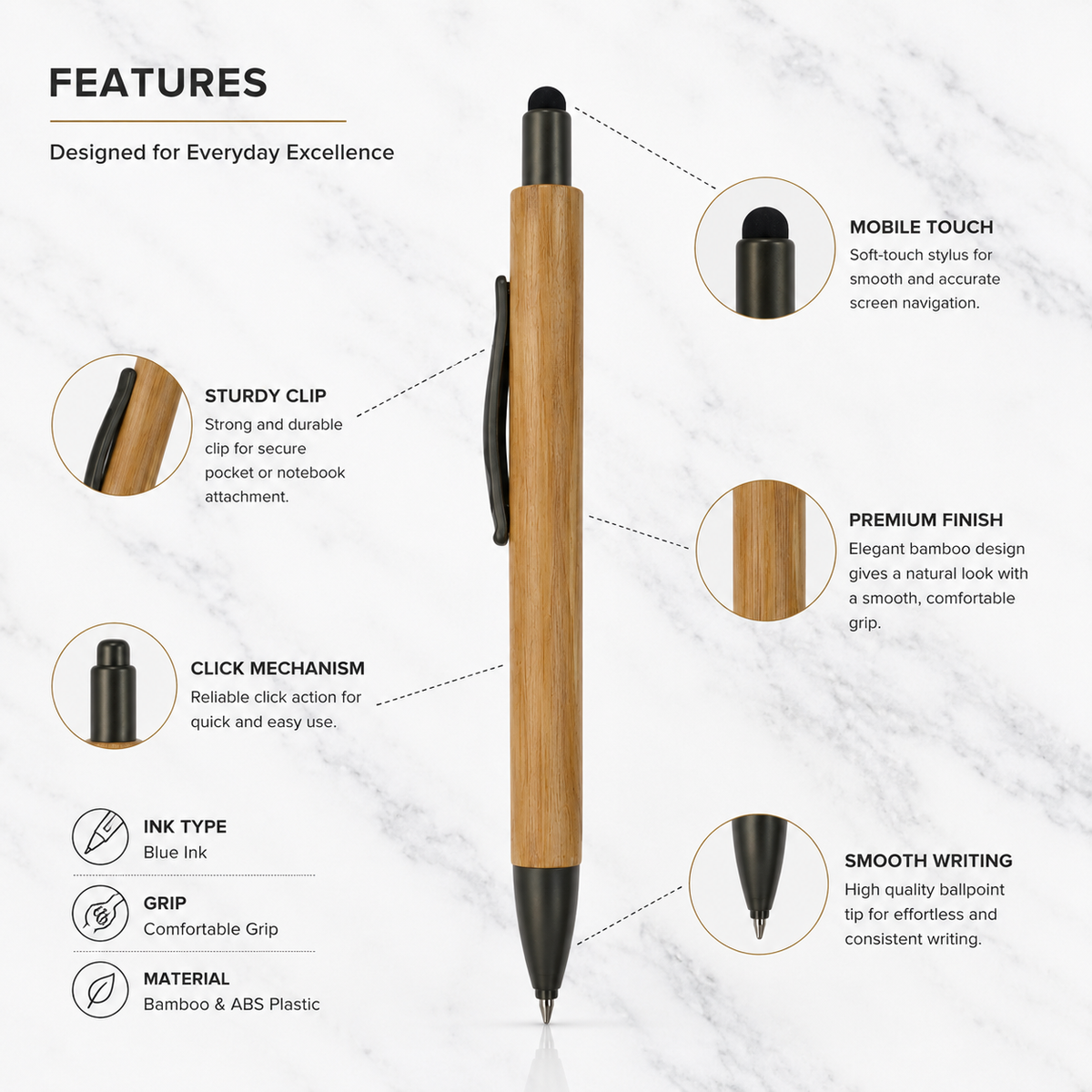 Ballpen Bazaar Ballpen Bazaar Stylus Wooden Colour Body Ball Pen with Gray Clip Click Mechanism Blue Ink | 1 Pen + 1 Extra Refill with Name Engraving