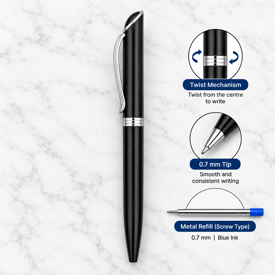 Set of 3 Metallic Glossy Twist Metal Ball Pens – Blue, Red & Black, Blue Ink, 3 Free Refills, Executive Gift Pen Se — Ballpen Bazaar