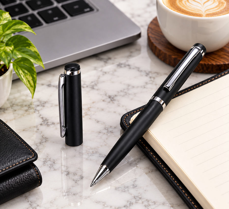 Black Metal Twist Ball Pen with Stylish Silver Clip | Blue Ink | Screw Type Metal Refill | 1 Extra Refill