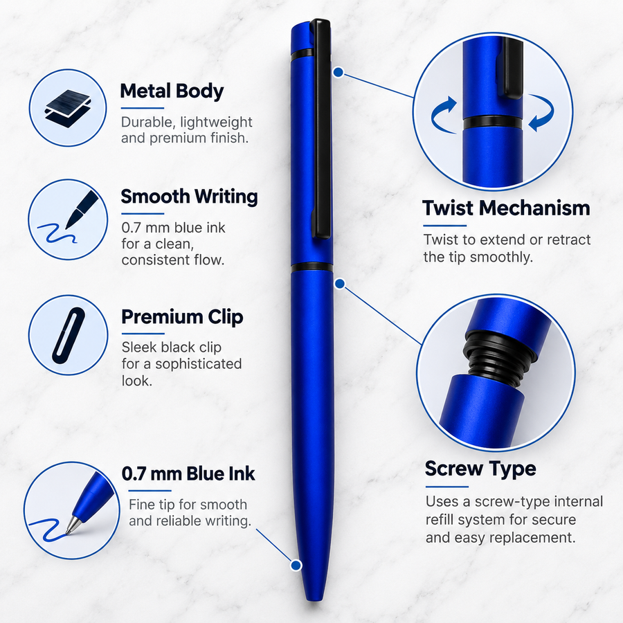 Blue Metal Twist Ball Pen with Black Clip | Blue Ink | 0.7 mm Screw Type Metal Refill | 1 Extra Refill Free