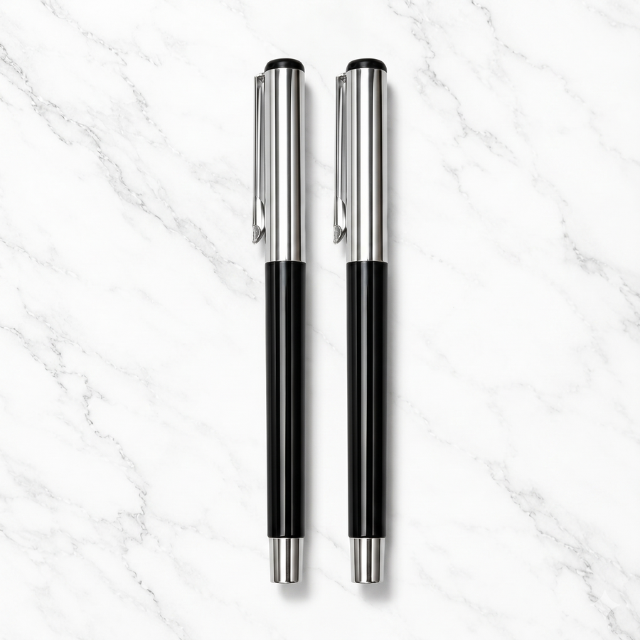 Glossy Black Ball Pen Set of 2 with Silver Cap, Openable, Blue Ink — Ballpen Bazaar