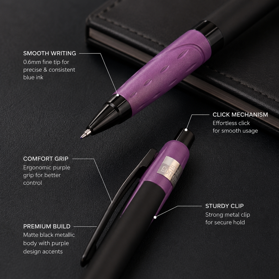Glossy Black Ball Pen with Purple Design, Click, Blue Ink, Plastic Jotter Refill — Ballpen Bazaar