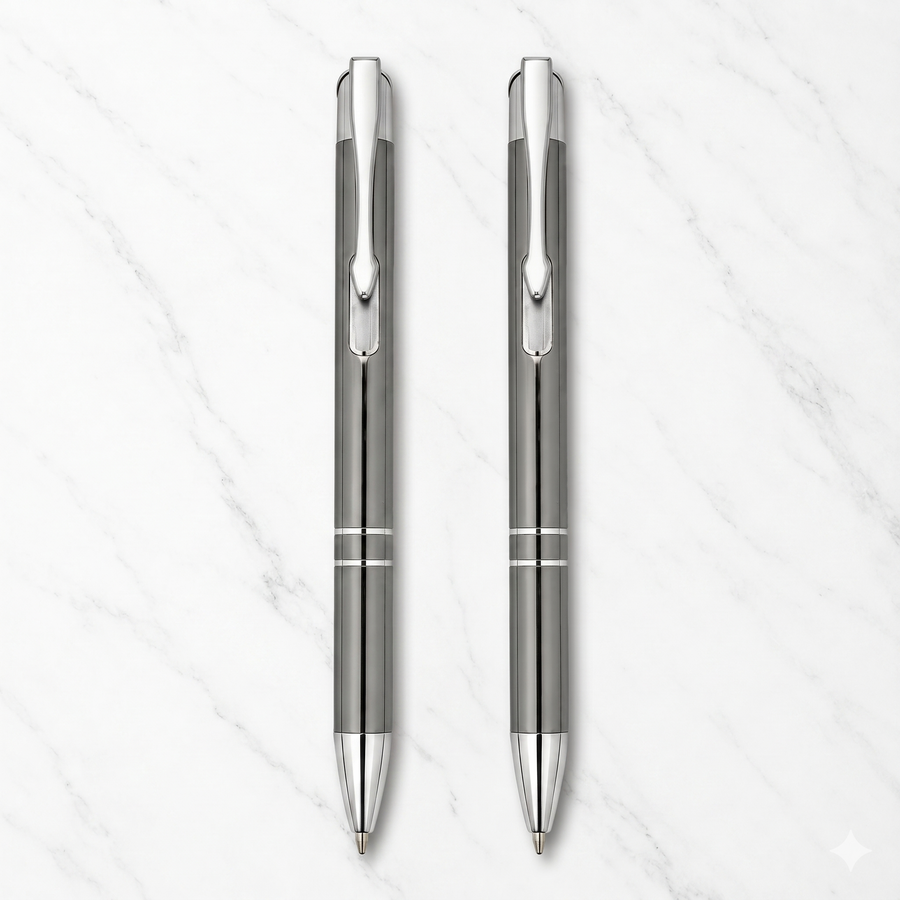 Glossy Gray Ball Pen Set of 2 with Silver Clip, Click, Blue Ink — Ballpen Bazaar