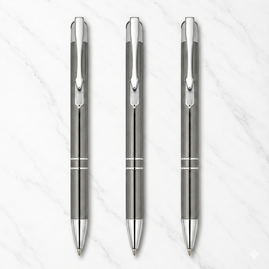 Glossy Gray Ball Pen Set of 3 with Silver Clip, Click, Blue Ink — Ballpen Bazaar