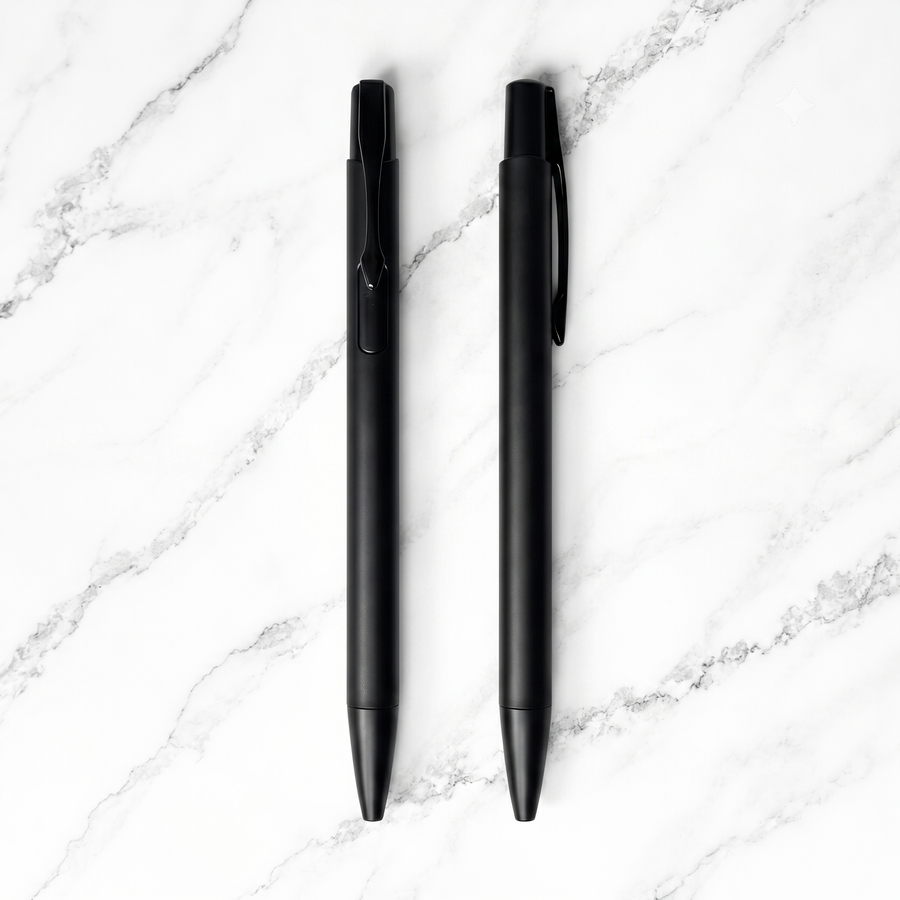 Matt Black Ball Pen Set of 2 with Black Clip, Click, Blue Ink — Ballpen Bazaar