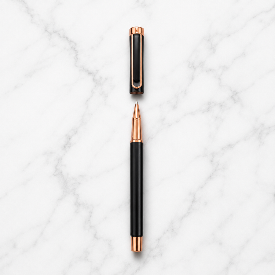 Matt Black Ball Pen with Black Cap & Copper Clip, Openable Metal Ball Pen, Blue Ink, 1 Pen with 1 Extra Blue Refill — Ballpen Bazaar