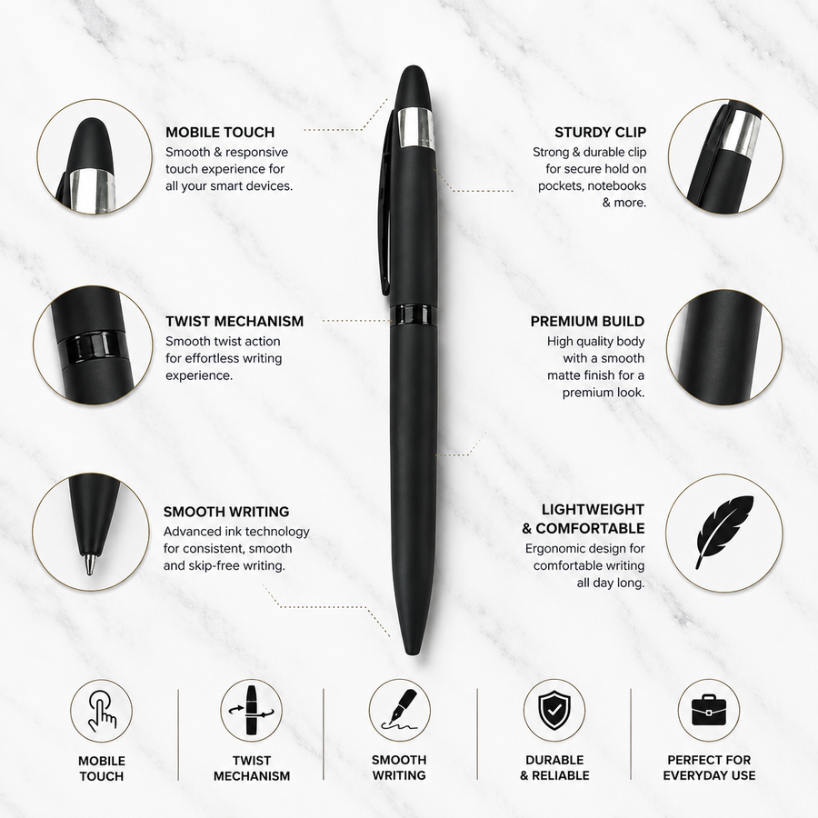 Matt Black Ball Pen with Glossy Black Clip, Twist, Blue Ink, Cross-Type Refill — Ballpen Bazaar