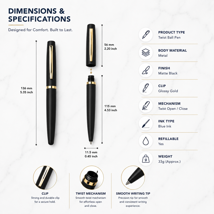 Matt Black Ball Pen with Gold Clip, Openable Cap, Blue Ink — Ballpen Bazaar