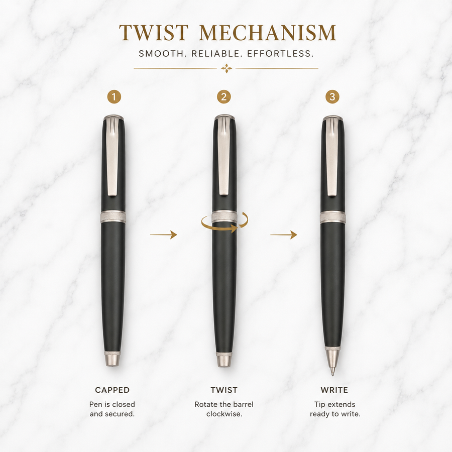 Matt Black Ball Pen with Gunmetal Clip, Twist Mechanism, Blue Ink, Metal Executive Pen, 1 Pen with 1 Extra Blue Ref — Ballpen Bazaar