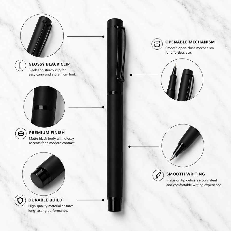 Matt Black Metal Ball Pen with Matt Black Cap, Openable, Blue Ink — Ballpen Bazaar