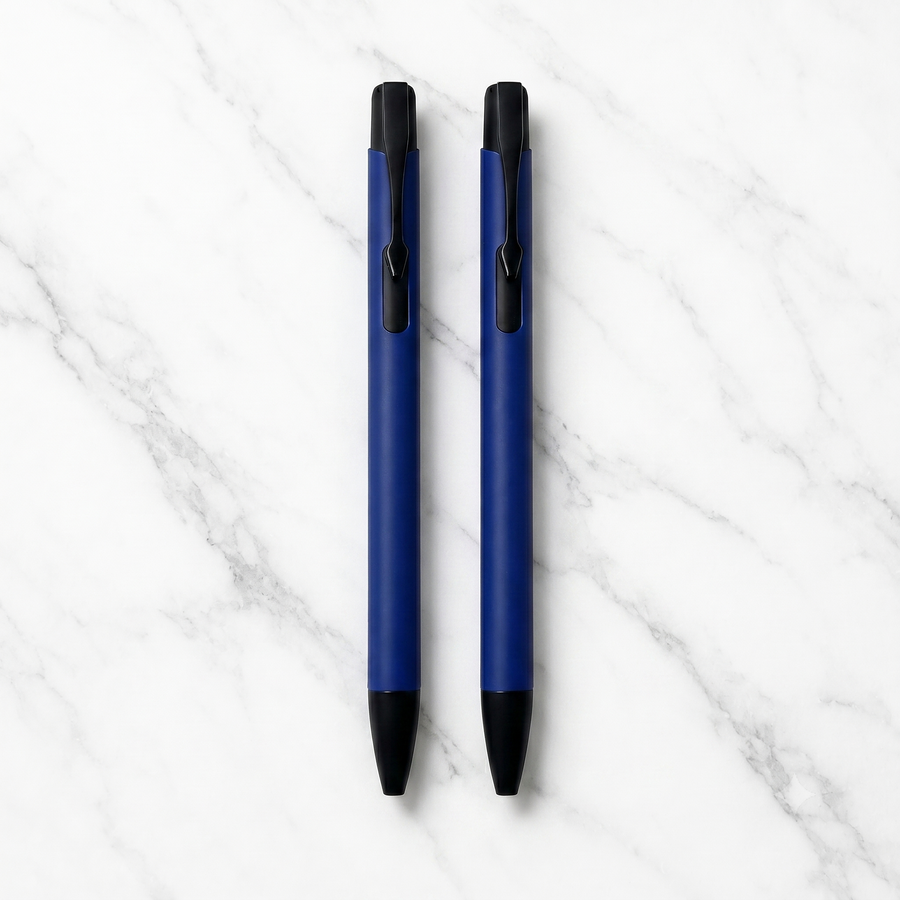Matt Blue Ball Pen Set of 2 with Glossy Black Clip, Click, Blue Ink — Ballpen Bazaar