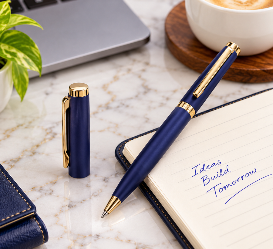 Matt Dark Blue Gold Clip Twist Ball Pen – Blue Ink | 1 Extra Refill
