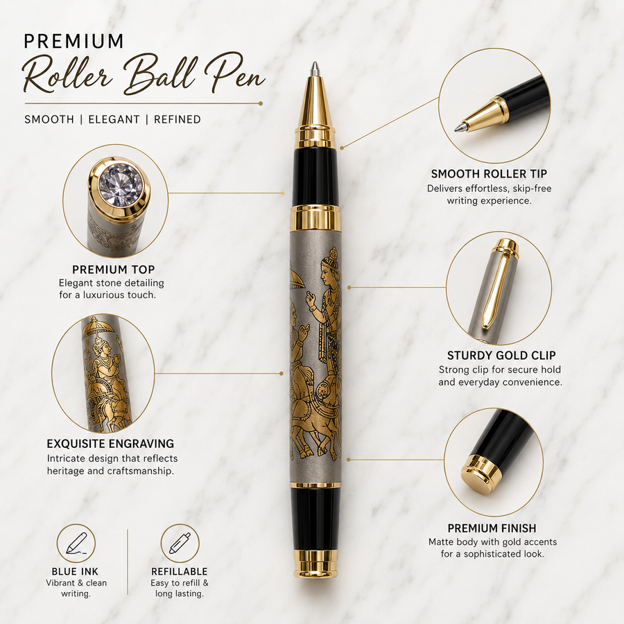 Matt Grey Mahabharata Roller Ball Pen with Gold Clip, Blue Ink, 1 Free Roller Refill — Ballpen Bazaar