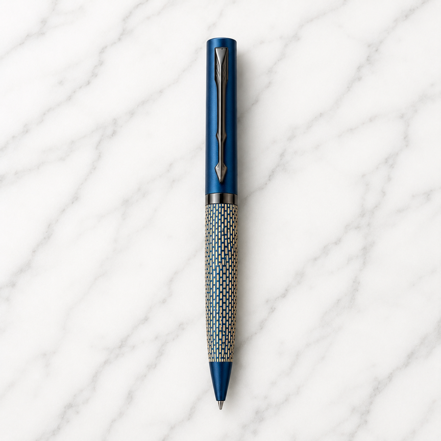 Matt Pearl Blue Ball Pen with Blue Grid Design & Glossy Blue Clip, Twist Mechanism, Blue Ink, 1 Pen with 1 Free Ext — Ballpen Bazaar