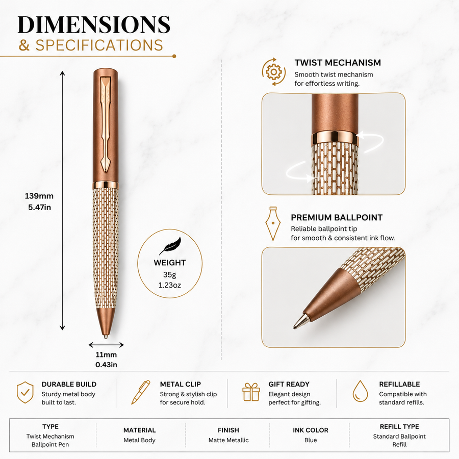 Matt Pearl White Ball Pen with Brown Grid Design & Glossy Brown Clip, Twist Mechanism, Blue Ink, Metal Pen with 1 F — Ballpen Bazaar