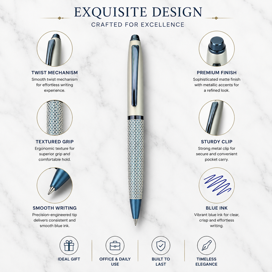 Matt Pearl White & Blue Grid Design Ball Pen with Glossy Blue Clip, Twist Mechanism, Blue Ink, Metal Pen with 1 Fre — Ballpen Bazaar