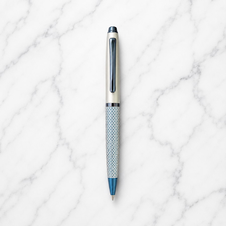 Matt Pearl White & Blue Grid Design Ball Pen with Glossy Blue Clip, Twist Mechanism, Blue Ink, Metal Pen with 1 Fre — Ballpen Bazaar