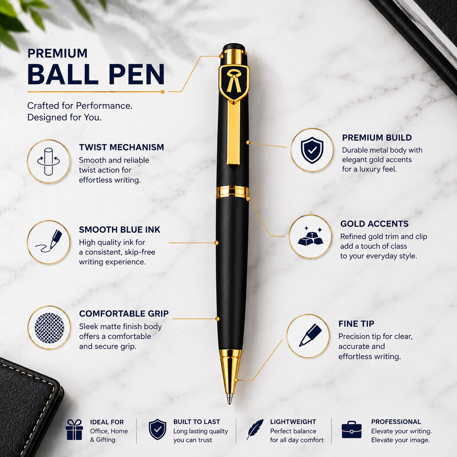 Matte Black Ball Pen with Gold Advocate Logo Clip, Twist Mechanism, Blue Ink, Metal Pen, 1 Pen with 1 Extra Blue Re — Ballpen Bazaar