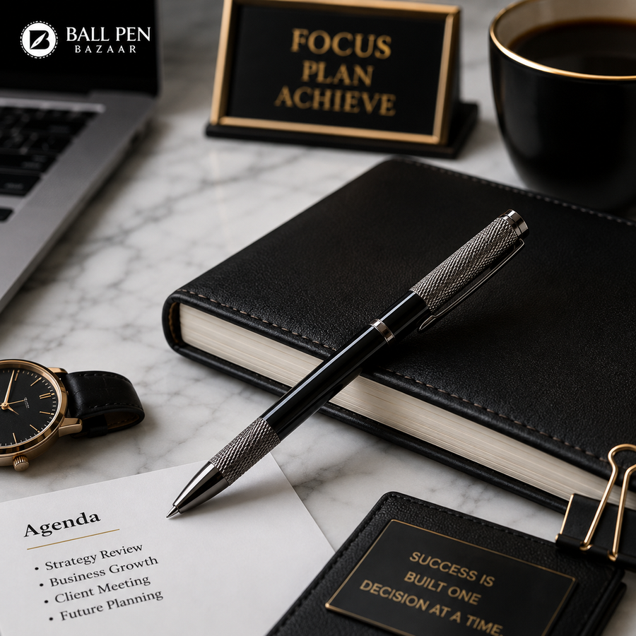 Metallic Glossy Black Metal Ball Pen with Textured Glossy Gunmetal Grip & Gunmetal Clip, Twist Mechanism, Black Ink — Ballpen Bazaar
