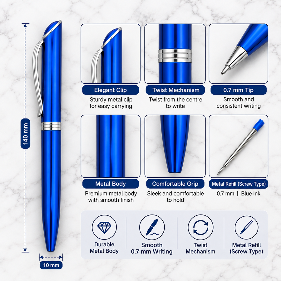 Set of 3 Metallic Glossy Twist Metal Ball Pens – Blue, Red & Black, Blue Ink, 3 Extra Screw Type Metal Refills (Blu — Ballpen Bazaar