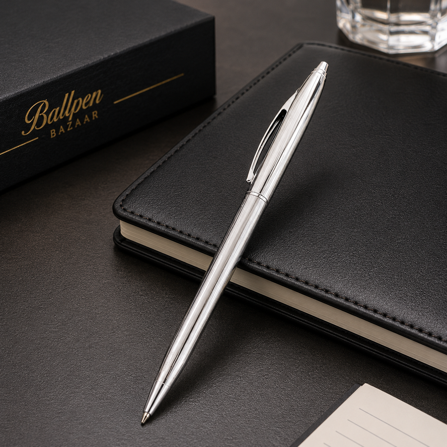 Metallic Glossy Full Silver Colour Body Ball Pen with Silver Clip, Twist Mechanism, Blue Ink, Metal Pen, 1 Pen with — Ballpen Bazaar