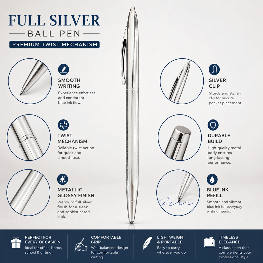 Metallic Glossy Full Silver Colour Body Ball Pen with Silver Clip, Twist Mechanism, Blue Ink, Metal Pen, 1 Pen with — Ballpen Bazaar