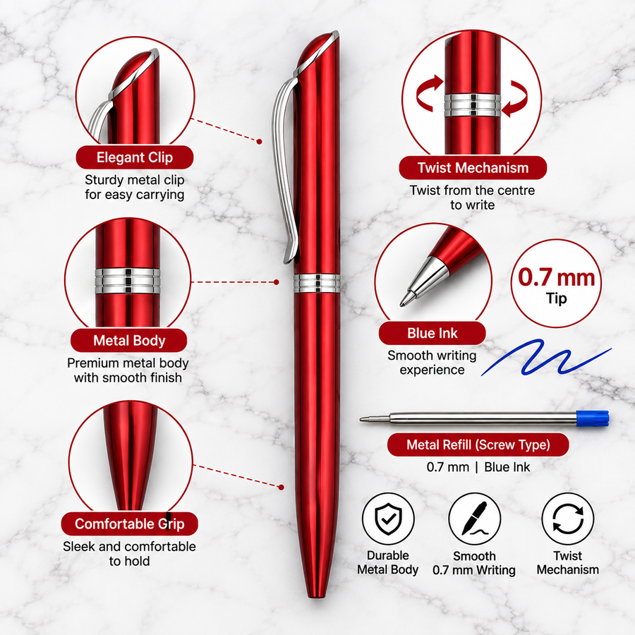 Set of 3 Metallic Glossy Twist Metal Ball Pens – Blue, Red & Black, Blue Ink, 3 Extra Screw Type Metal Refills (Blu — Ballpen Bazaar