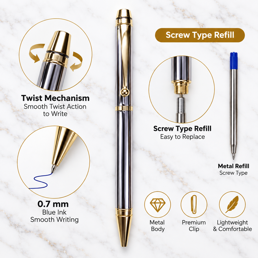 Metallic Glossy Silver Metal Twist Ball Pen with Golden Clip | Blue Ink | Screw Type Metal Refill | Premium Executive Pen