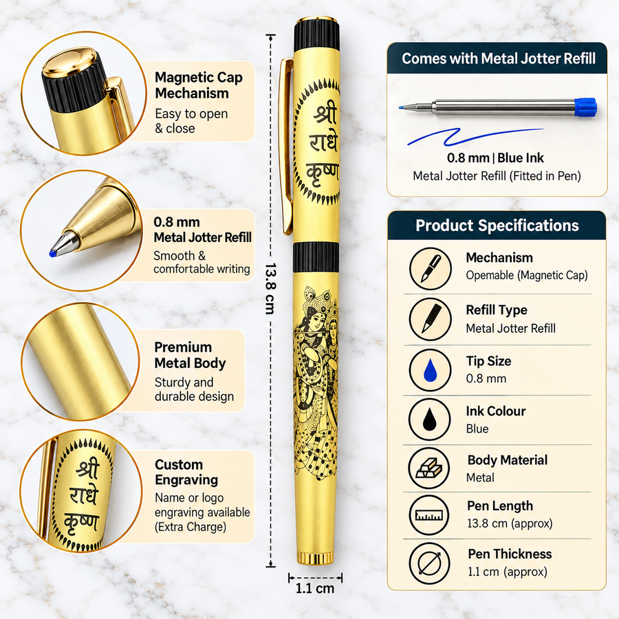Gold Shri Radhe Krishna Metal Ball Pen, Magnetic Cap, 0.8 mm Blue Ink Metal Jotter Refill, Custom Engraving Availab — Ballpen Bazaar