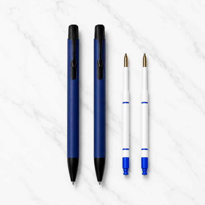 Ballpen Bazaar Ballpen Bazaar Set of 02 Matt Blue Body Ball Pen with Glossy Black Clip Click Mechanism | Blue Ink | Includes 2 Free Plastic Jotter Refills | Premium Metal Ball Pens for Office, School, Business, Gifting | Pack of 2 with Name Engraving