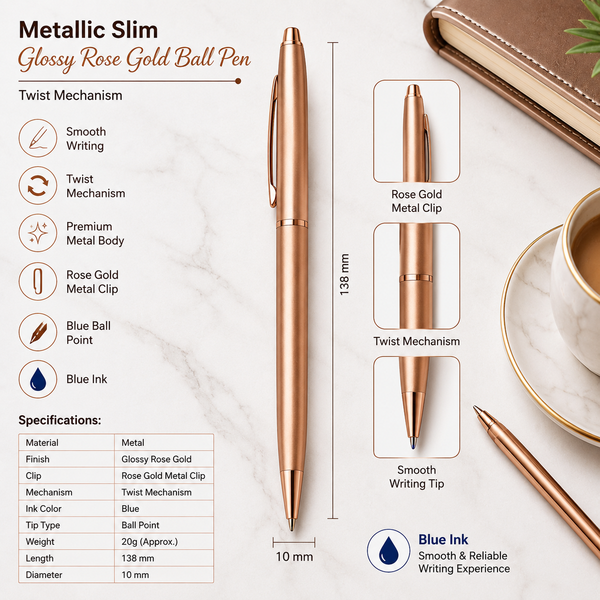 Ballpen Bazaar Ballpen Bazaar Set of 02 Metallic Glossy Rose Gold Ball Pen with Rose Gold Clip | Twist Mechanism | Blue Ink | Includes 2 Free Cross Type Blue Ink Refills | Premium Metal Pens for Office, Business, Executive, Gifting with Name Engraving