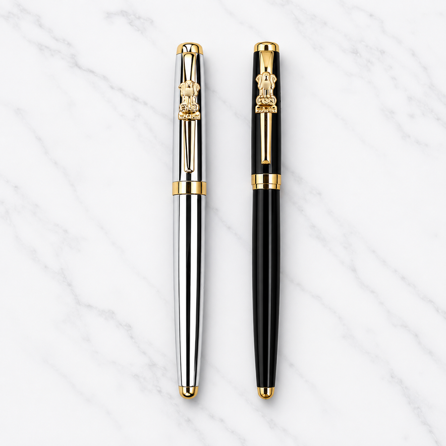 Set of 2 Black & Silver Ashoka Emblem Openable Ball Pens – Blue Ink — Ballpen Bazaar
