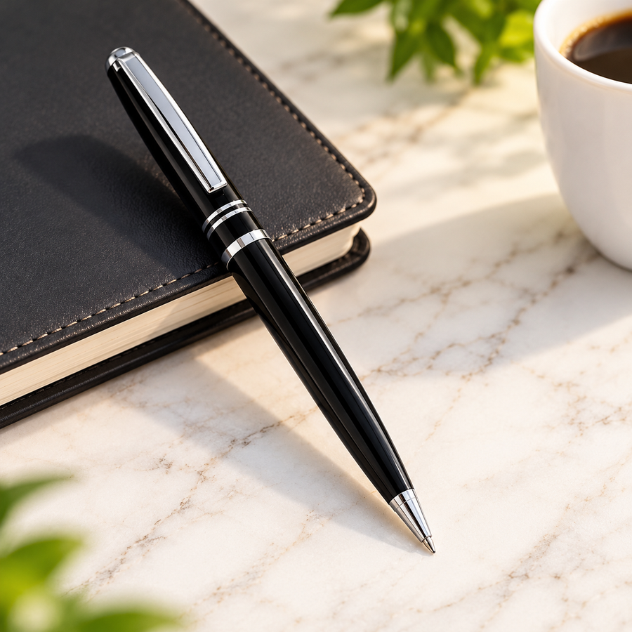 Ball Pen Bazaar Metallic Glossy Black Ball Pen with Silver Clip & Ring | Twist Mechanism | Black Ink | 1 Extra Refill